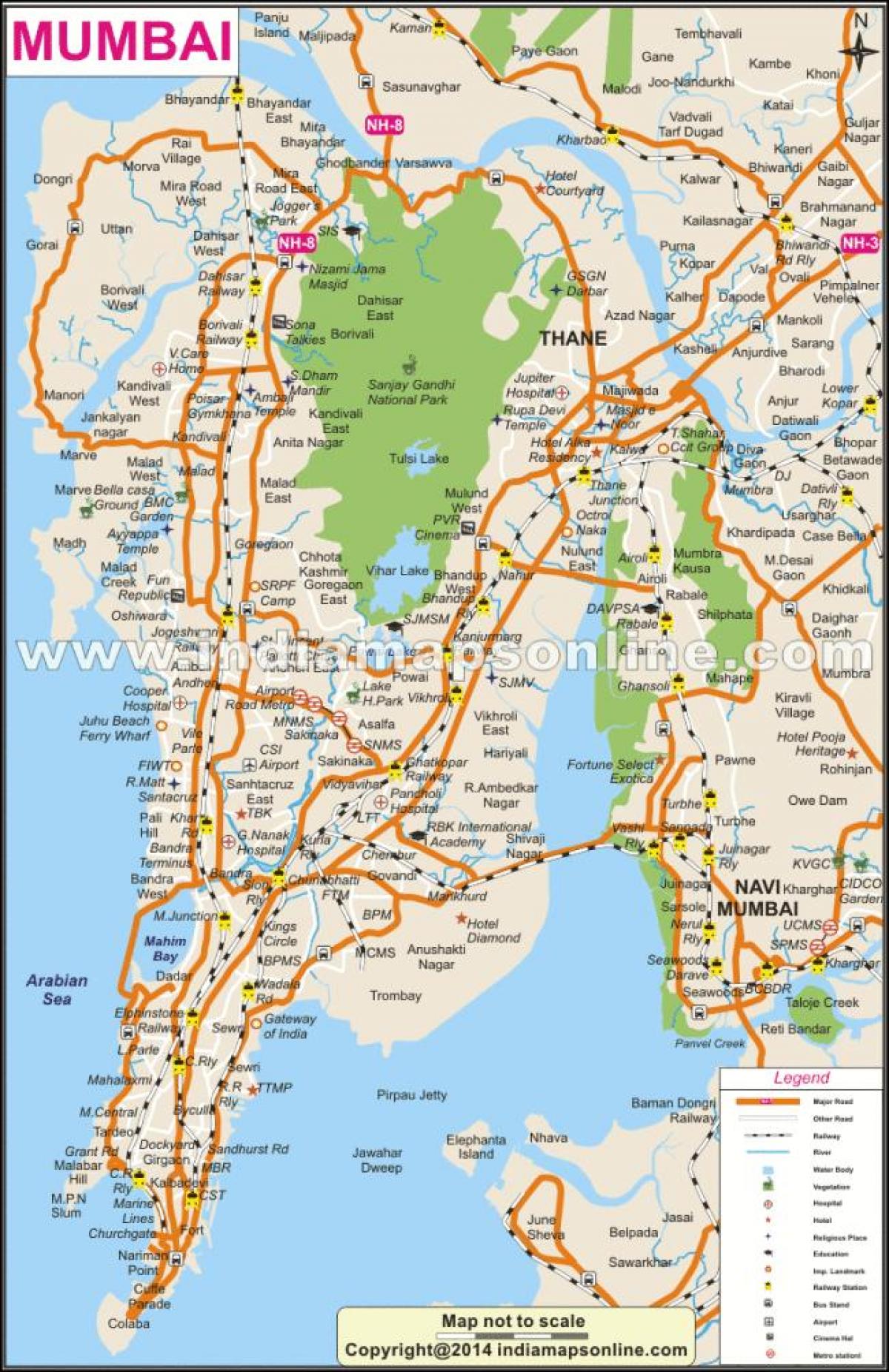 líkamlega kort af Mumbai